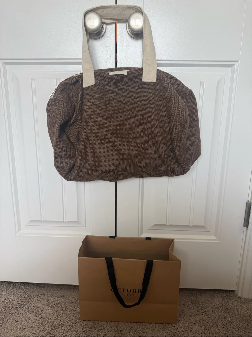 Brown Canvas Weekend Tote with Cream Handles new